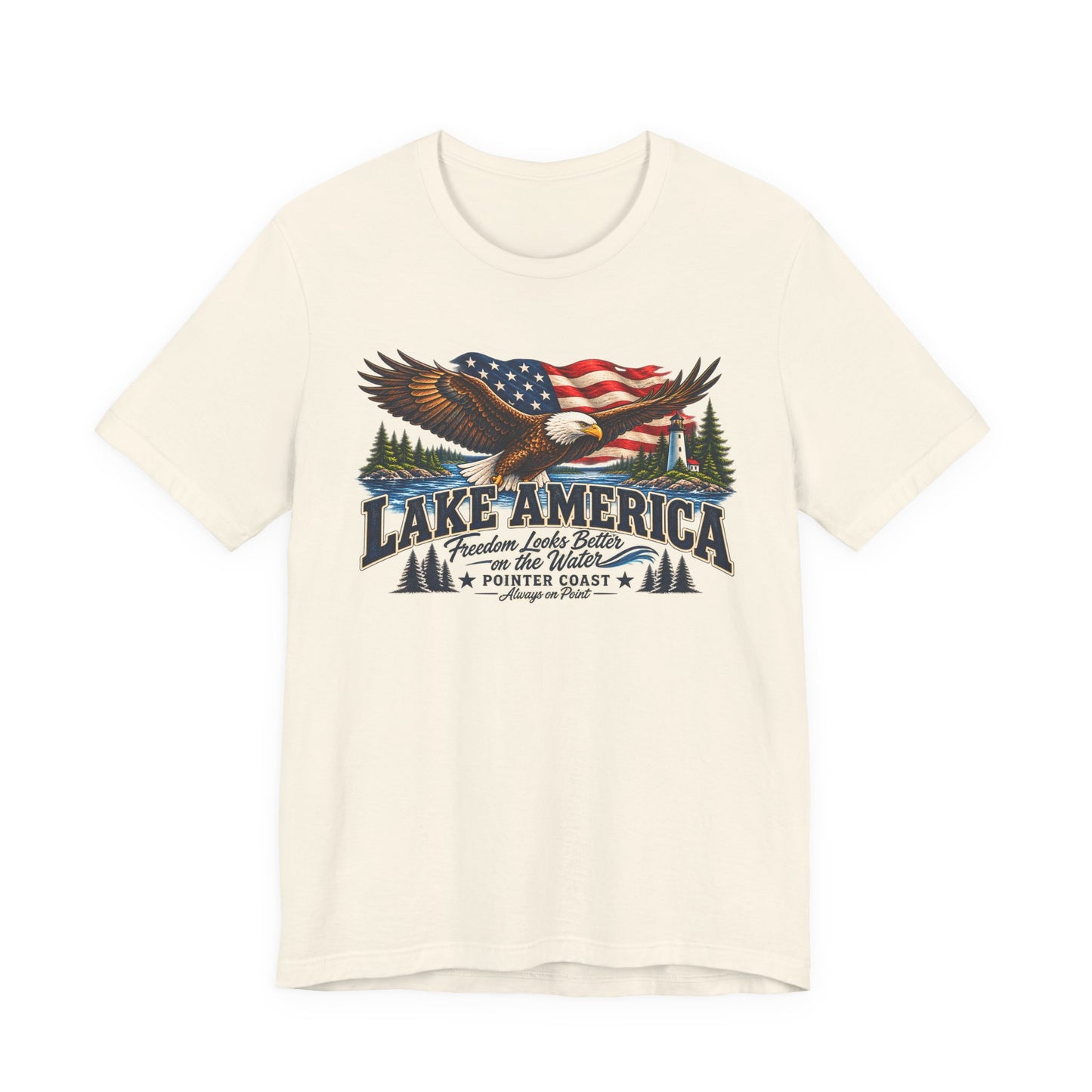 Lake America Eagle Graphic T Shirt, Patriotic Outdoor Tee, American Flag, Coastal Adventure