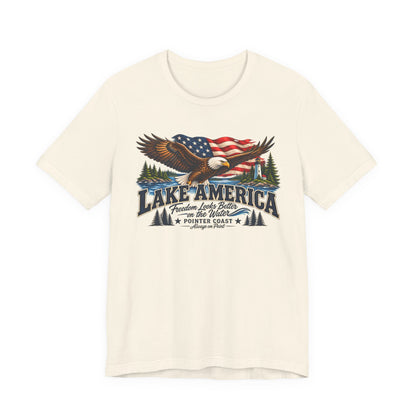 Lake America Eagle Graphic T Shirt, Patriotic Outdoor Tee, American Flag, Coastal Adventure