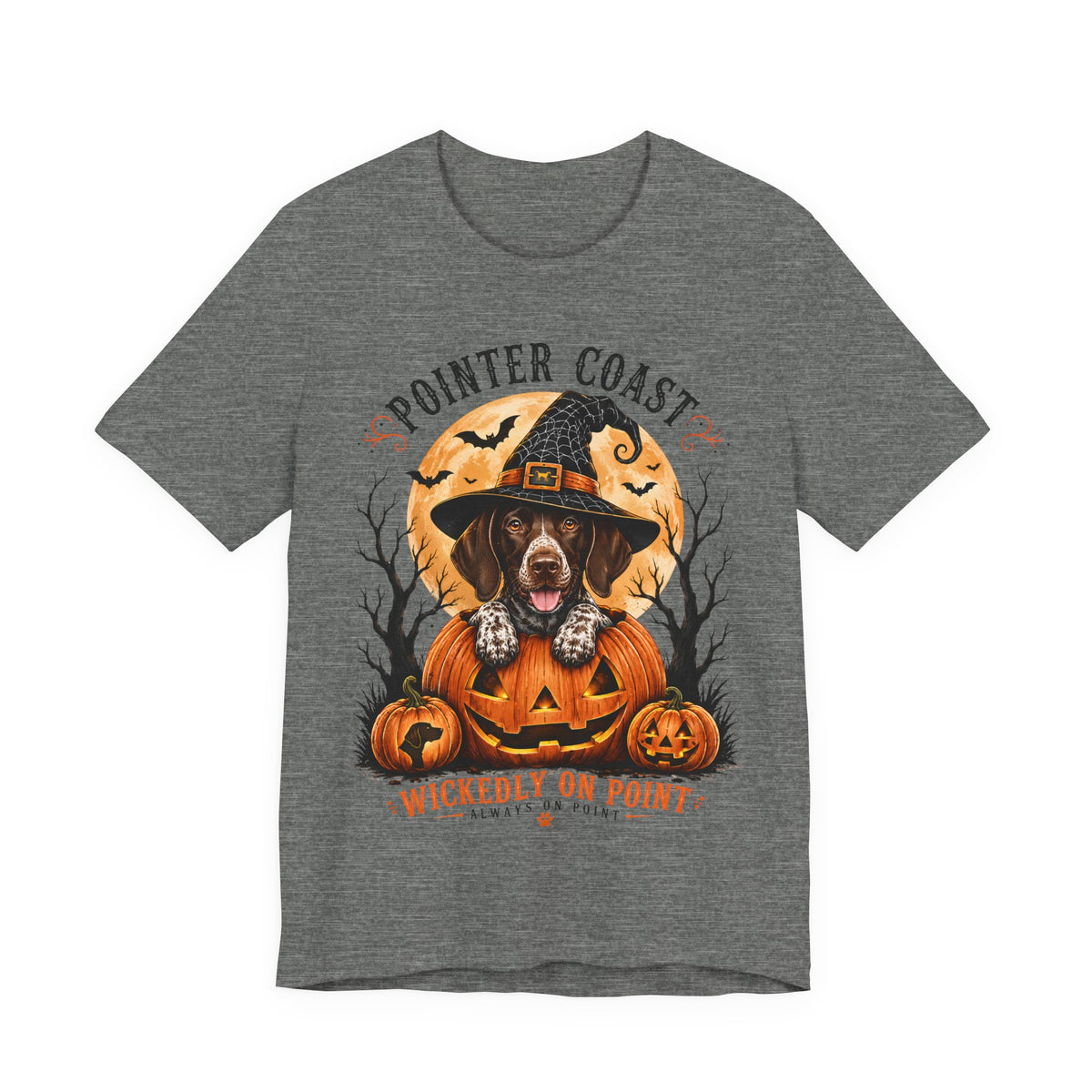 Halloween Pointer Dog Graphic T-Shirt, Bella Canvas 3001, Pumpkin Witch, Spooky Pet Lover Gift