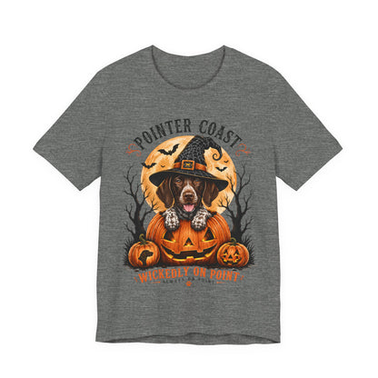 Halloween Pointer Dog Graphic T-Shirt, Bella Canvas 3001, Pumpkin Witch, Spooky Pet Lover Gift