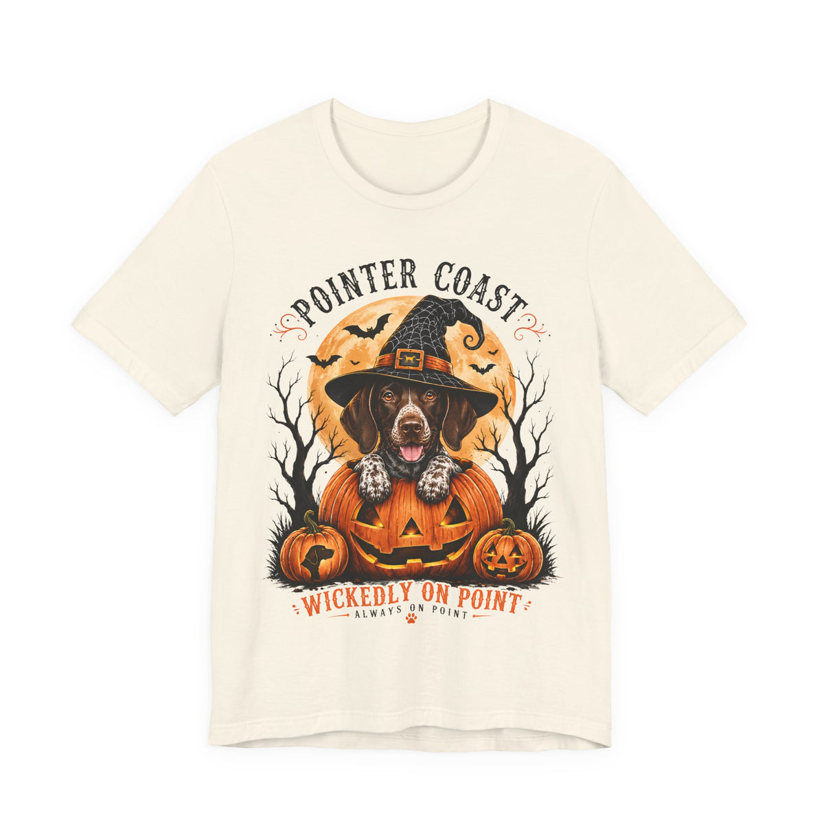 Halloween Pointer Dog Graphic T-Shirt, Bella Canvas 3001, Pumpkin Witch, Spooky Pet Lover Gift
