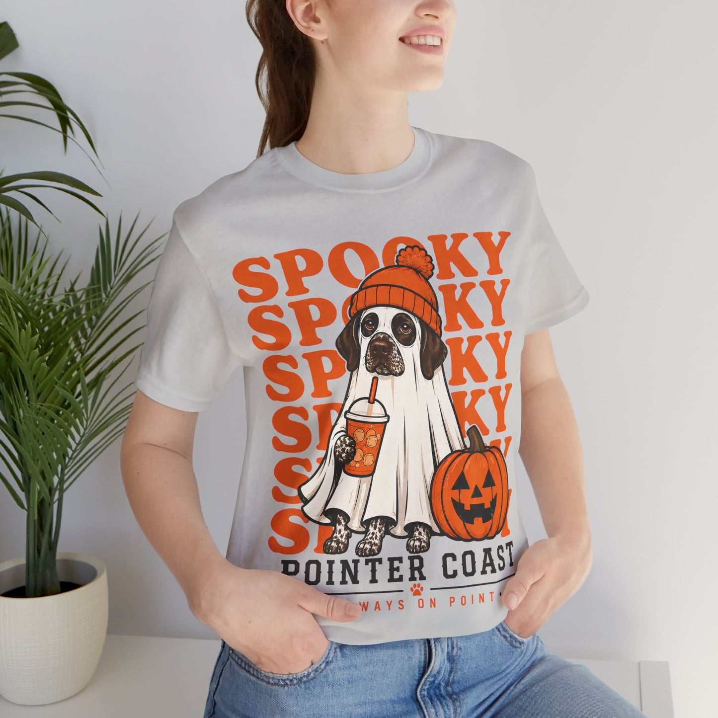 Spooky Pointer Coast Halloween Tee, Ghost Dog Graphic, Pumpkin Shirt, Bella Canvas 3001