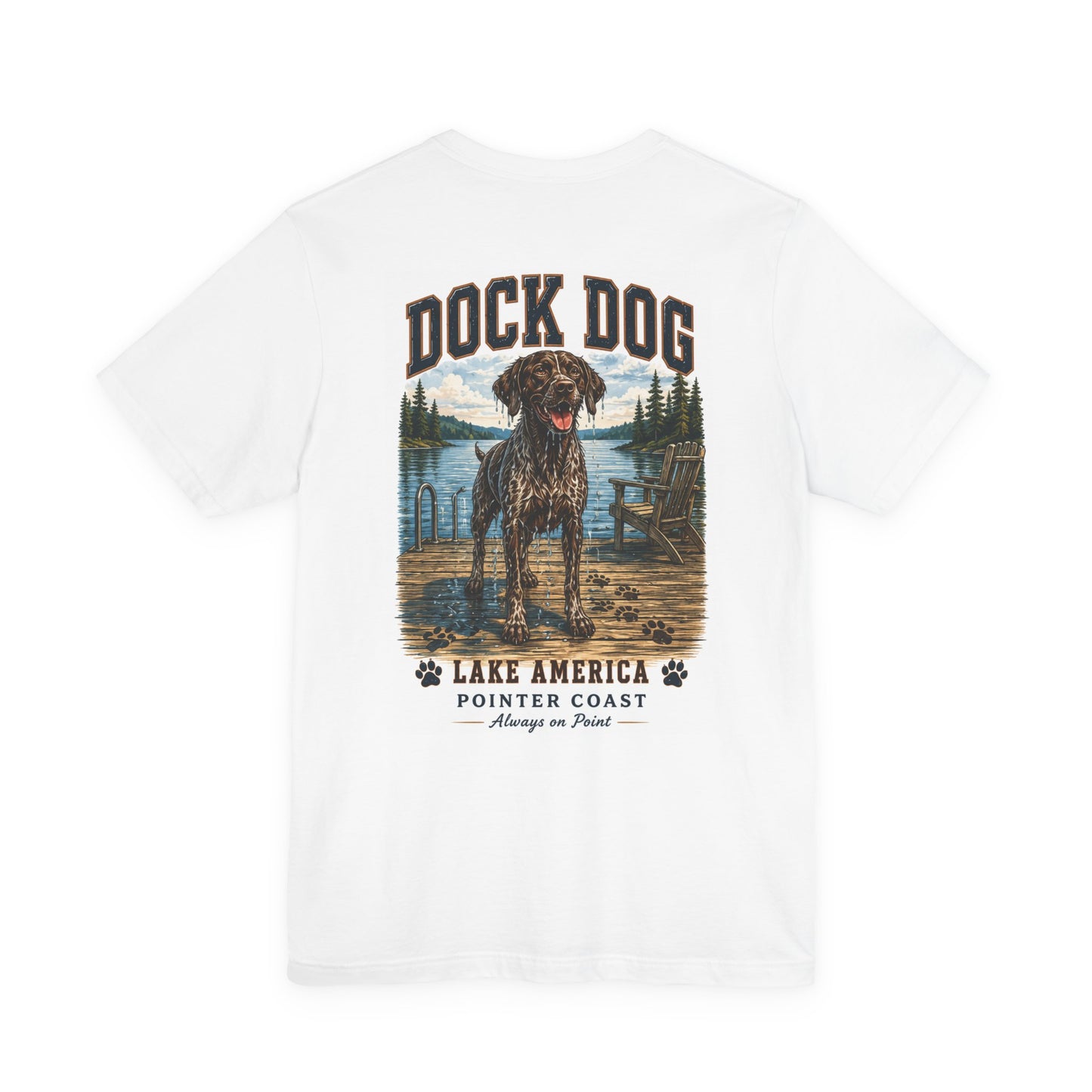 Dock Dog Lake T Shirt with Pointer Art, Outdoor Graphic Tee, Dog Lover Gift, Lakeside Apparel