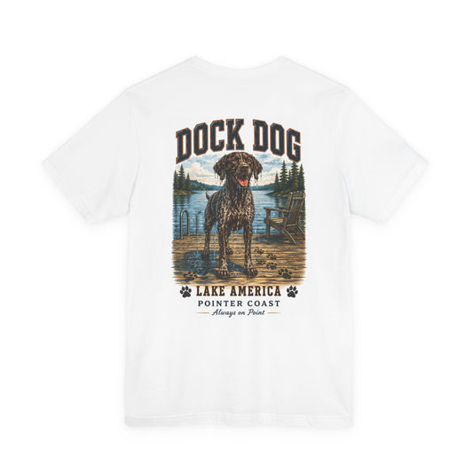 Dock Dog Lake T Shirt with Pointer Art, Outdoor Graphic Tee, Dog Lover Gift, Lakeside Apparel