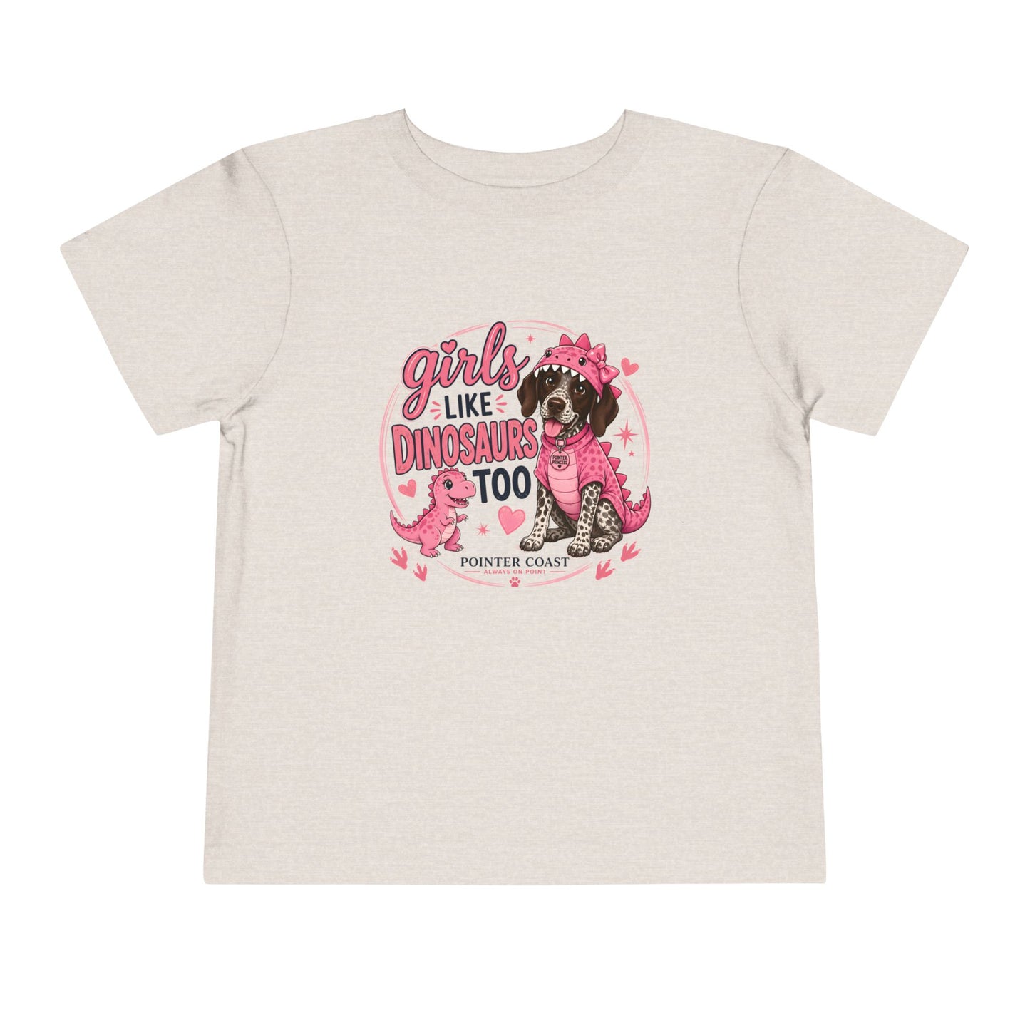 Girls Like Dinosaurs Too Pointer Dog Shirt, Cute Pink Dino Puppy Tee, Funny Girl Graphic T-Shirt