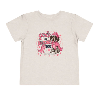 Girls Like Dinosaurs Too Pointer Dog Shirt, Cute Pink Dino Puppy Tee, Funny Girl Graphic T-Shirt