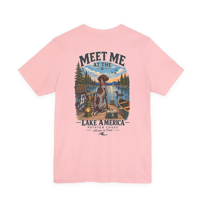 Lake America Pointer Dog T Shirt, Meet Me at the Lake, Outdoor Camp Tee, Nature Graphic Top