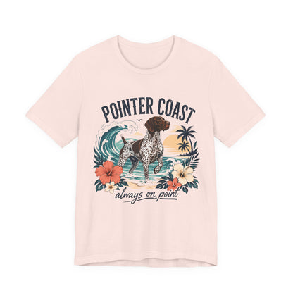 Pointer Coast Dog Graphic Tee Shirt, Bella Canvas 3001, Tropical Beach Art, Unisex Crewneck
