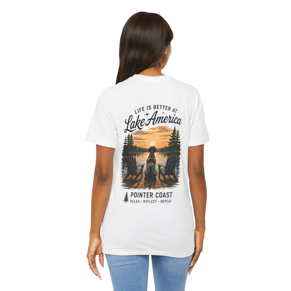 Lake America Sunset Graphic Tee, Pointer Dog Shirt, Lakeside Vacation Apparel