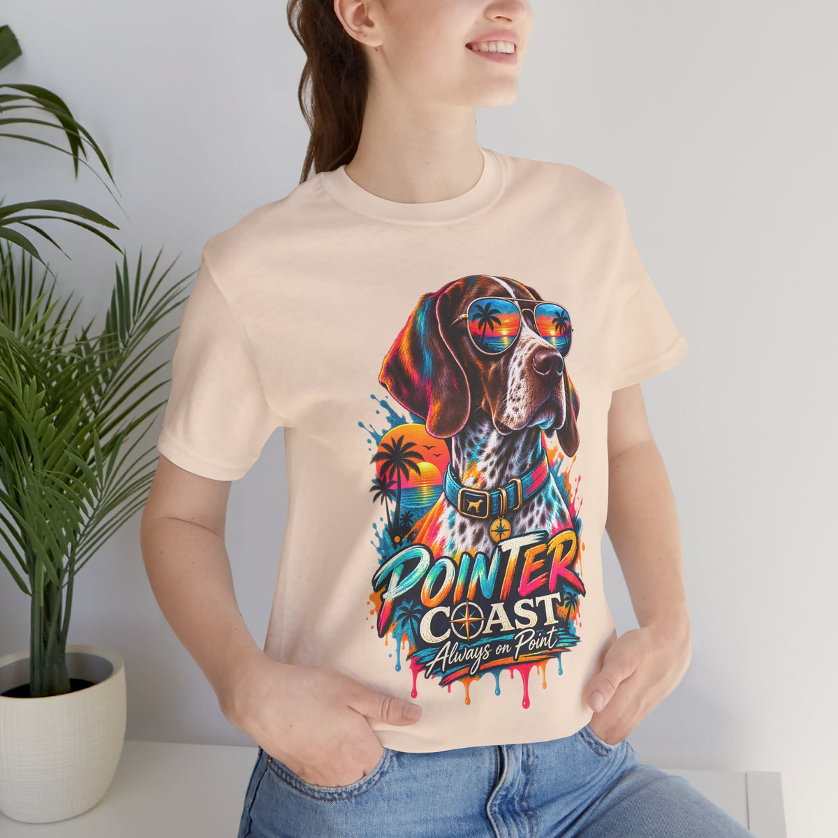 Pointer Coast Retro Dog Graphic Tee, Bella Canvas 3001, Tropical Sunset Shirt, Pet Lover Gift