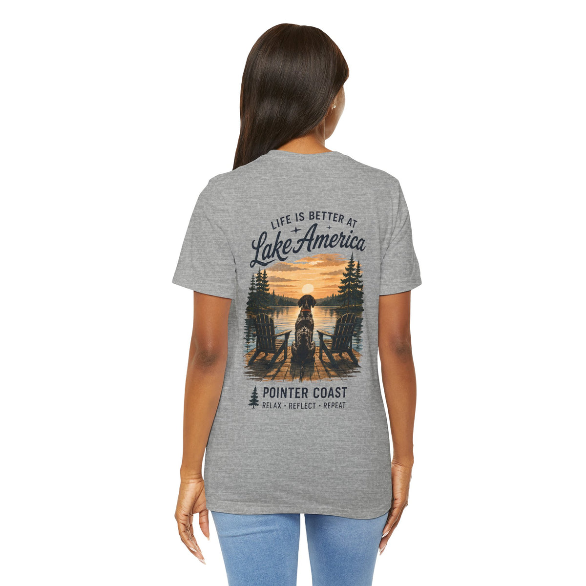 Lake America Sunset Graphic Tee, Pointer Dog Shirt, Lakeside Vacation Apparel