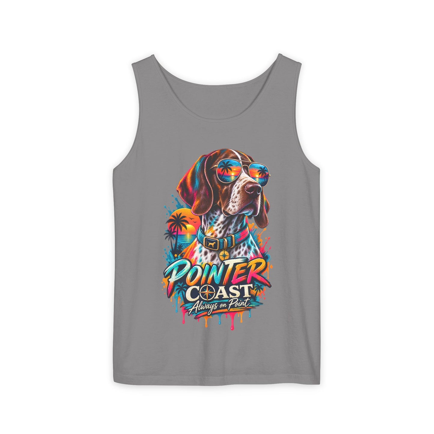Comfort Colors Pointer Coast Tank Top, Surf Dog Graphic, Tropical Sunset Shirt, Beachwear