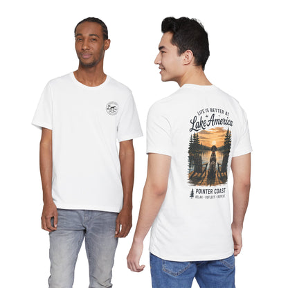 Lake America Sunset Graphic Tee, Pointer Dog Shirt, Lakeside Vacation Apparel