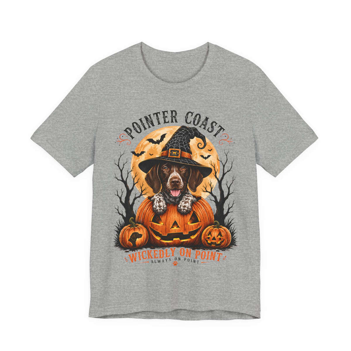 Halloween Pointer Dog Graphic T-Shirt, Bella Canvas 3001, Pumpkin Witch, Spooky Pet Lover Gift