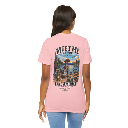 Lake America Pointer Dog T Shirt, Meet Me at the Lake, Outdoor Camp Tee, Nature Graphic Top