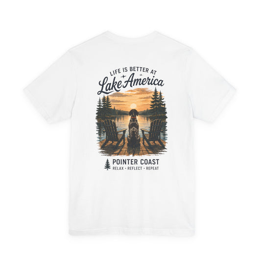 Lake America Sunset Graphic Tee, Pointer Dog Shirt, Lakeside Vacation Apparel
