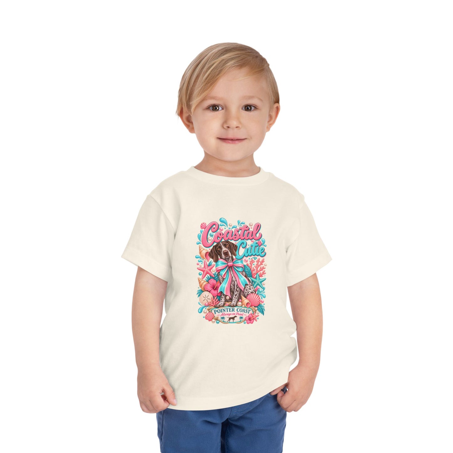 Coastal Cutie Beach Puppy Toddler Tee, Ocean Graphic Shirt, Pointer Dog, Summer Kids Top