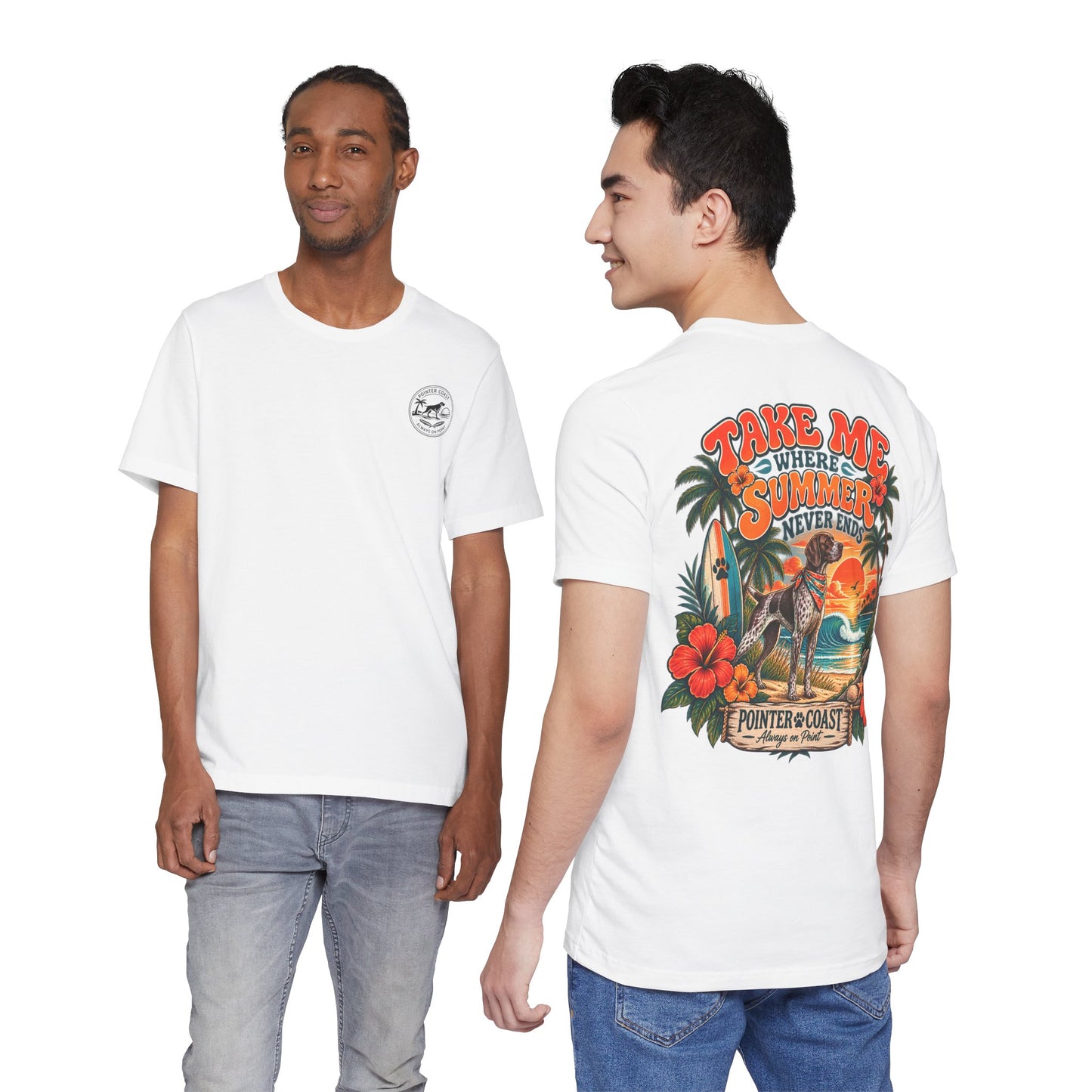 Pointer Dog Beach Graphic T Shirt, Bella Canvas 3001, Tropical Sunset, Unisex Summer Tee