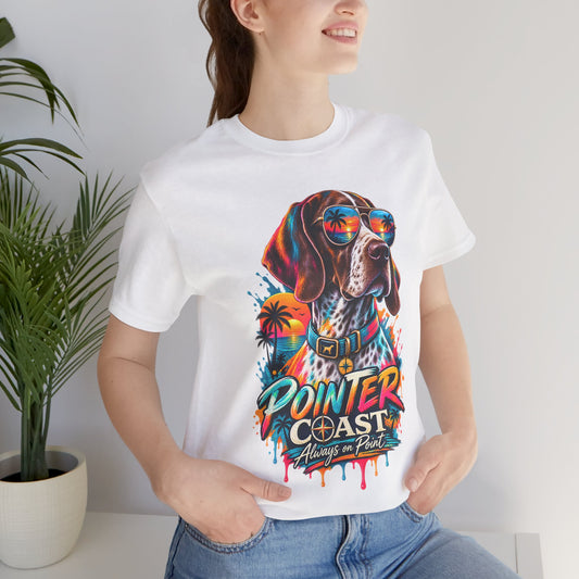 Pointer Coast Retro Dog Graphic Tee, Bella Canvas 3001, Tropical Sunset Shirt, Pet Lover Gift
