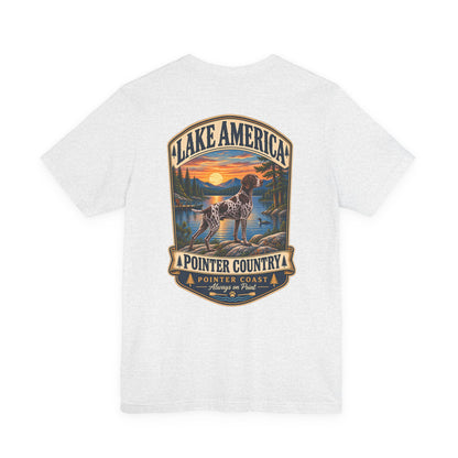 Pointer Country Lake America T Shirt, Hunting Dog Tee, Outdoorsman Gift, Scenic Back Print