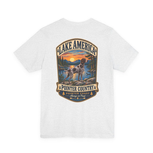 Pointer Country Lake America T Shirt, Hunting Dog Tee, Outdoorsman Gift, Scenic Back Print
