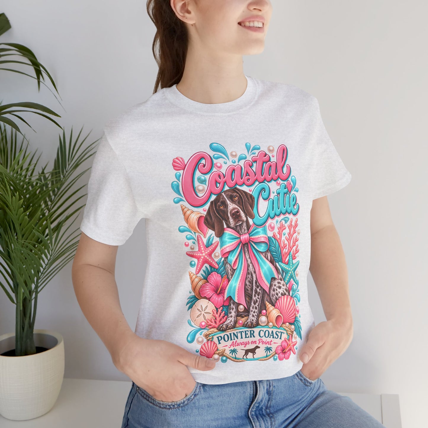 Coastal Cutie Dog Graphic Tee Shirt, Bella Canvas 3001, Pointer Lover Gift, Pastel Summer