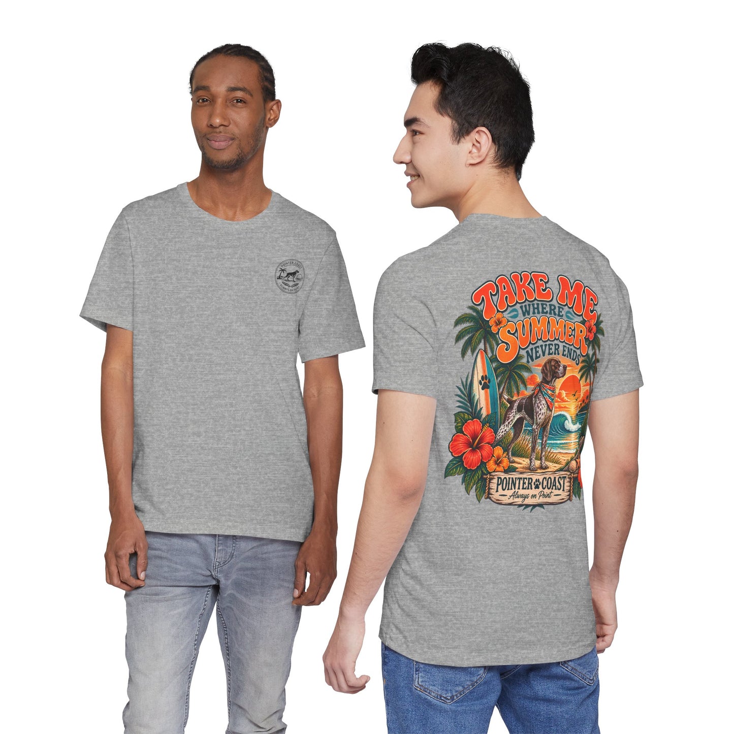 Pointer Dog Beach Graphic T Shirt, Bella Canvas 3001, Tropical Sunset, Unisex Summer Tee