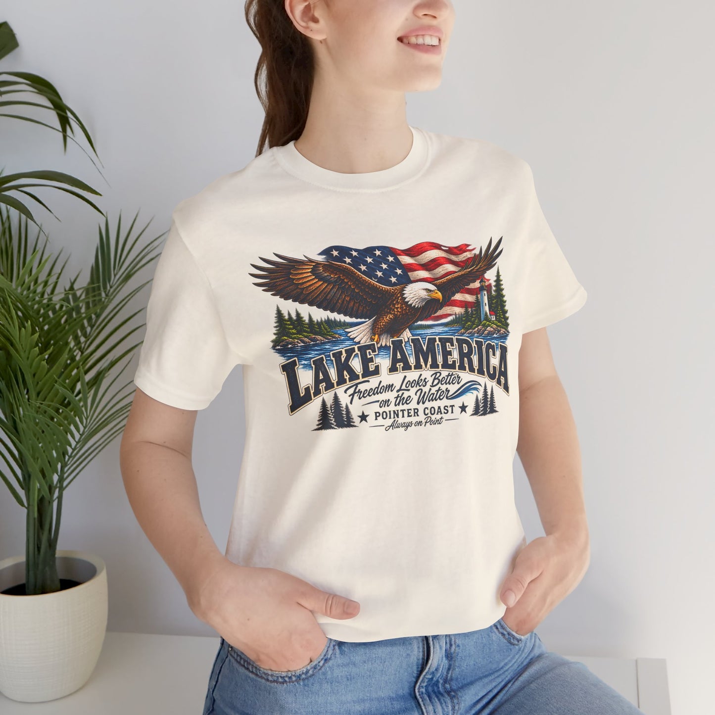 Lake America Eagle Graphic T Shirt, Patriotic Outdoor Tee, American Flag, Coastal Adventure