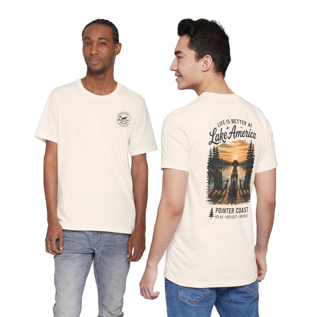 Lake America Sunset Graphic Tee, Pointer Dog Shirt, Lakeside Vacation Apparel
