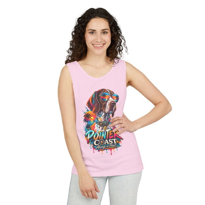 Comfort Colors Pointer Coast Tank Top, Surf Dog Graphic, Tropical Sunset Shirt, Beachwear