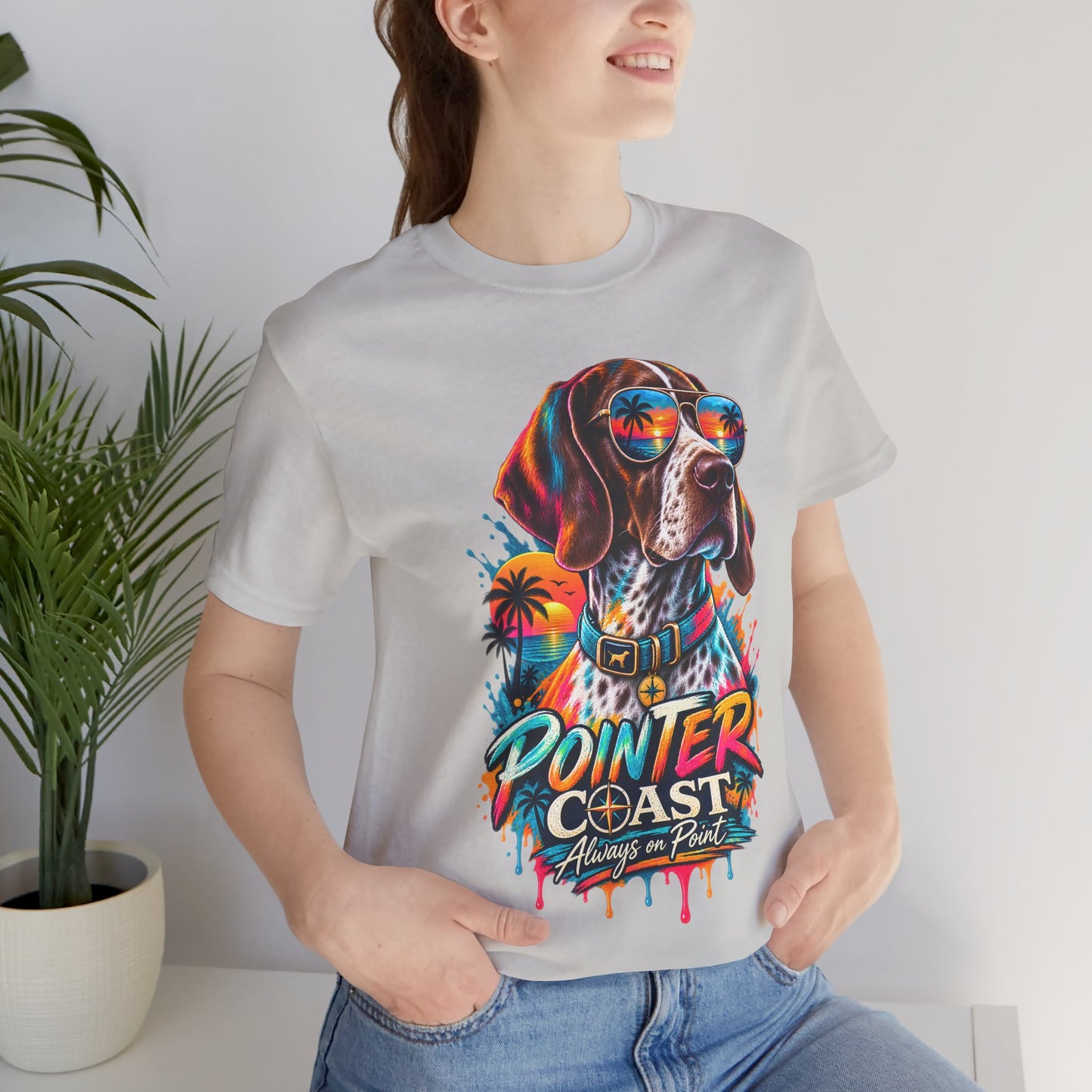 Pointer Coast Retro Dog Graphic Tee, Bella Canvas 3001, Tropical Sunset Shirt, Pet Lover Gift