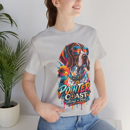 Pointer Coast Retro Dog Graphic Tee, Bella Canvas 3001, Tropical Sunset Shirt, Pet Lover Gift
