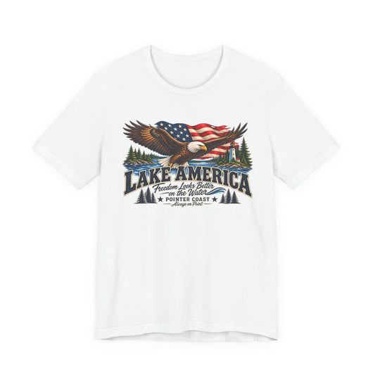 Lake America Eagle Graphic T Shirt, Patriotic Outdoor Tee, American Flag, Coastal Adventure