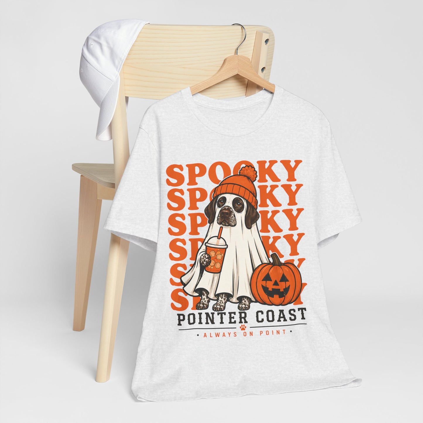 Spooky Pointer Coast Halloween Tee, Ghost Dog Graphic, Pumpkin Shirt, Bella Canvas 3001