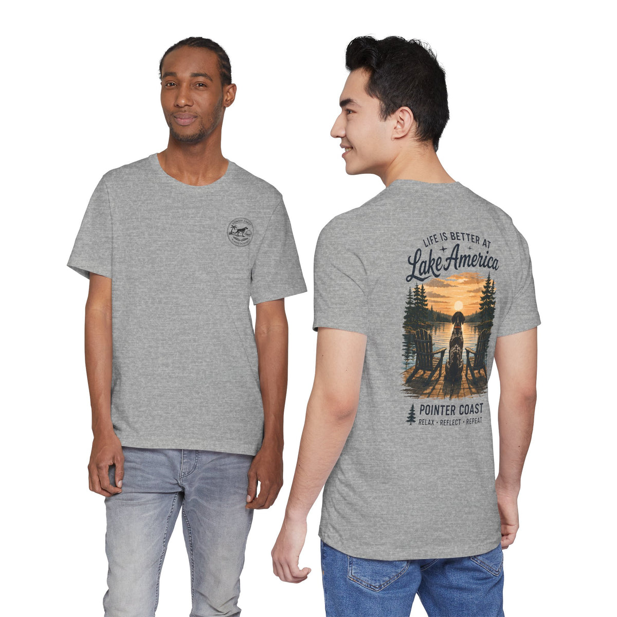 Lake America Sunset Graphic Tee, Pointer Dog Shirt, Lakeside Vacation Apparel