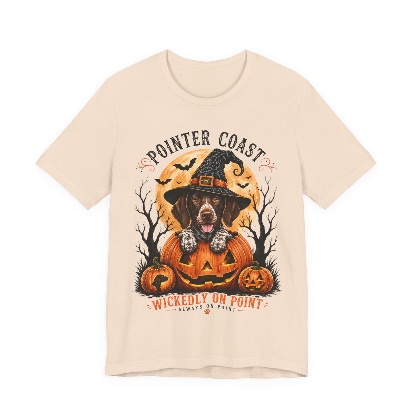 Halloween Pointer Dog Graphic T-Shirt, Bella Canvas 3001, Pumpkin Witch, Spooky Pet Lover Gift