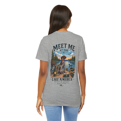 Lake America Pointer Dog T Shirt, Meet Me at the Lake, Outdoor Camp Tee, Nature Graphic Top