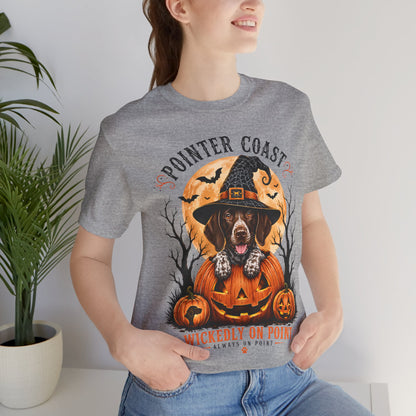 Halloween Pointer Dog Graphic T-Shirt, Bella Canvas 3001, Pumpkin Witch, Spooky Pet Lover Gift