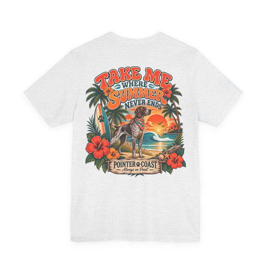Pointer Dog Beach Graphic T Shirt, Bella Canvas 3001, Tropical Sunset, Unisex Summer Tee