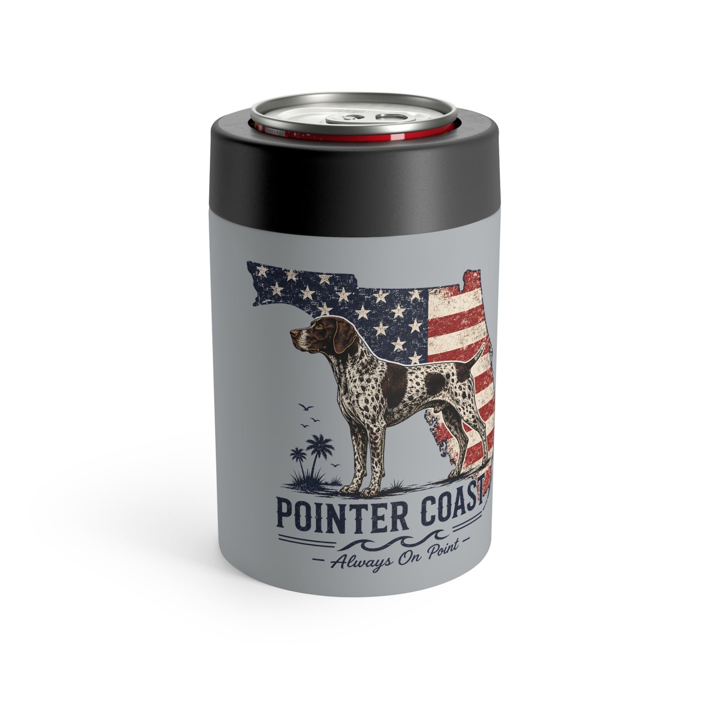 Pointer Coast GSP Can Cooler — American Flag Florida Coastal Vintage Can Koozie