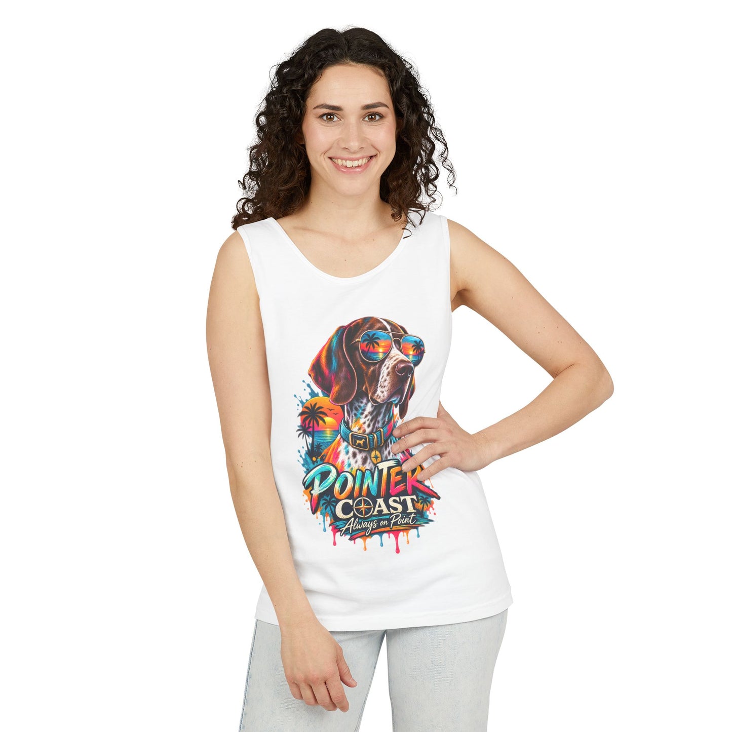 Comfort Colors Pointer Coast Tank Top, Surf Dog Graphic, Tropical Sunset Shirt, Beachwear