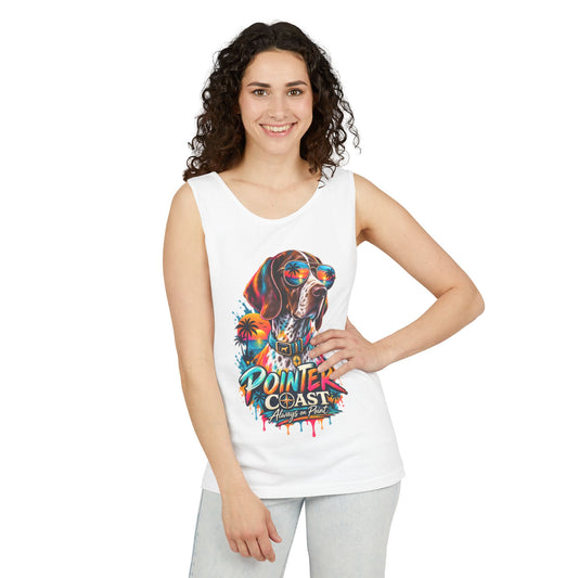 Comfort Colors Pointer Coast Tank Top, Surf Dog Graphic, Tropical Sunset Shirt, Beachwear