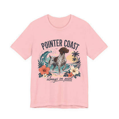 Pointer Coast Dog Graphic Tee Shirt, Bella Canvas 3001, Tropical Beach Art, Unisex Crewneck