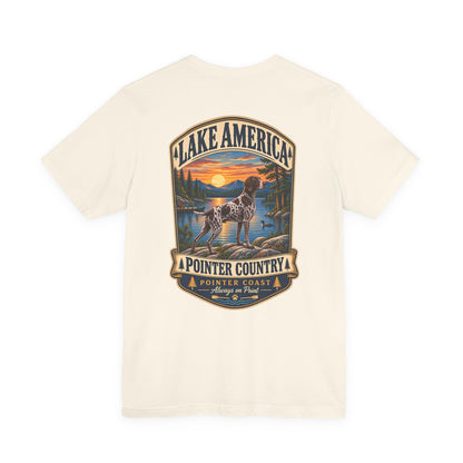 Pointer Country Lake America T Shirt, Hunting Dog Tee, Outdoorsman Gift, Scenic Back Print