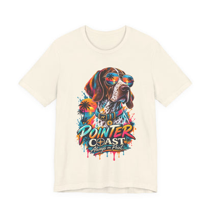 Pointer Coast Retro Dog Graphic Tee, Bella Canvas 3001, Tropical Sunset Shirt, Pet Lover Gift