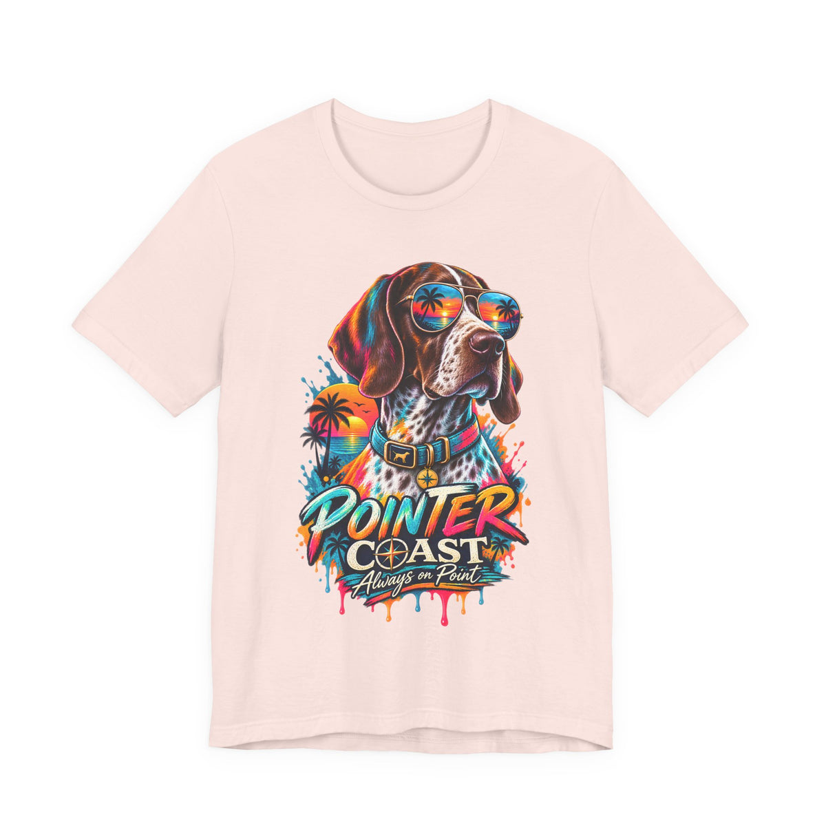 Pointer Coast Retro Dog Graphic Tee, Bella Canvas 3001, Tropical Sunset Shirt, Pet Lover Gift