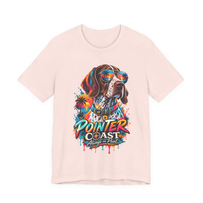 Pointer Coast Retro Dog Graphic Tee, Bella Canvas 3001, Tropical Sunset Shirt, Pet Lover Gift