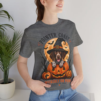 Halloween Pointer Dog Graphic T-Shirt, Bella Canvas 3001, Pumpkin Witch, Spooky Pet Lover Gift