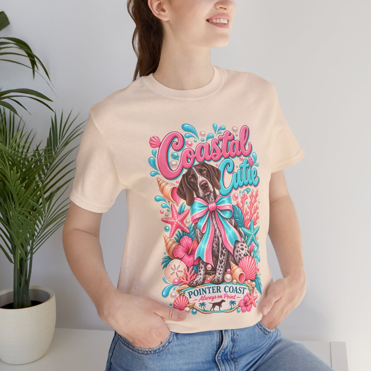 Coastal Cutie Dog Graphic Tee Shirt, Bella Canvas 3001, Pointer Lover Gift, Pastel Summer