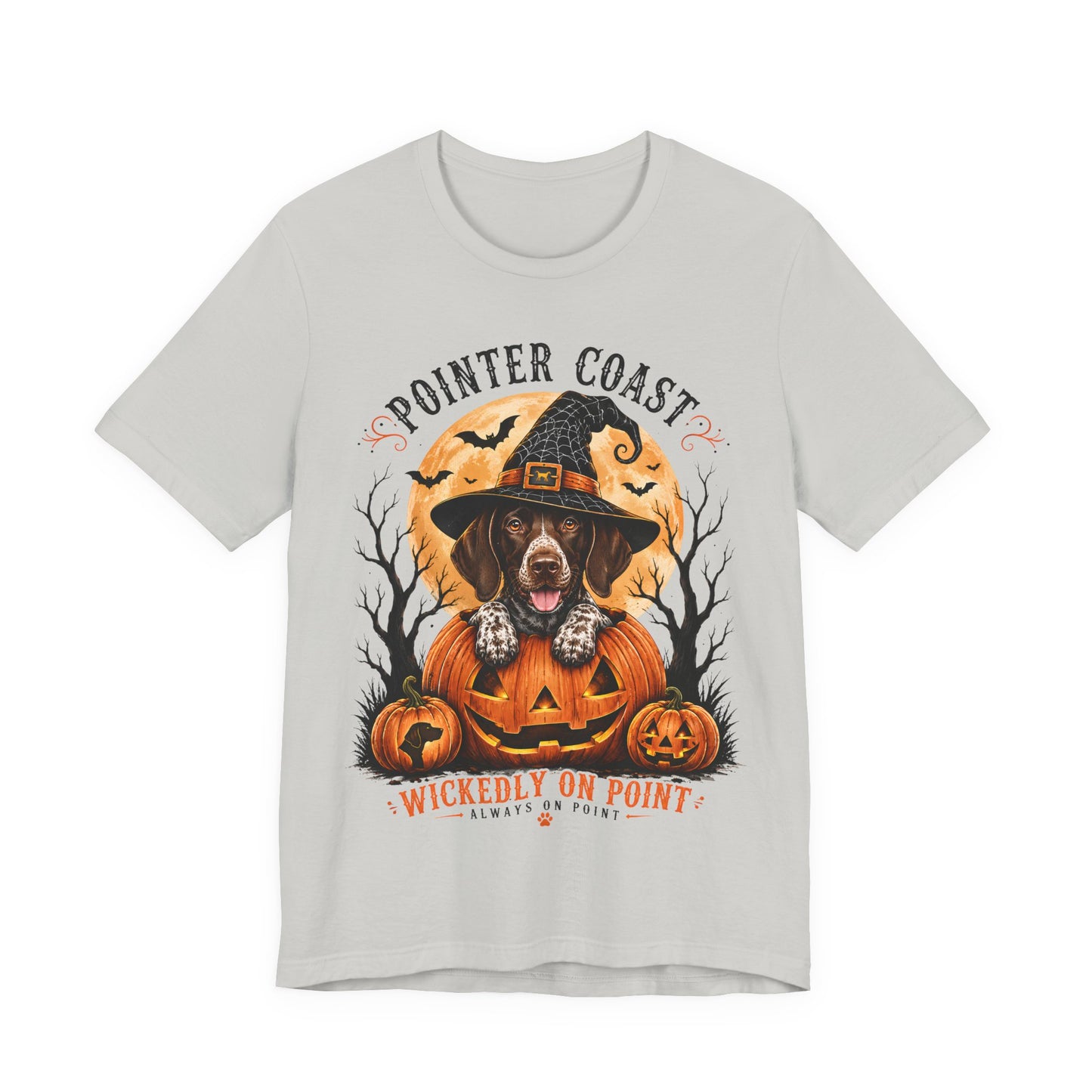 Halloween Pointer Dog Graphic T-Shirt, Bella Canvas 3001, Pumpkin Witch, Spooky Pet Lover Gift